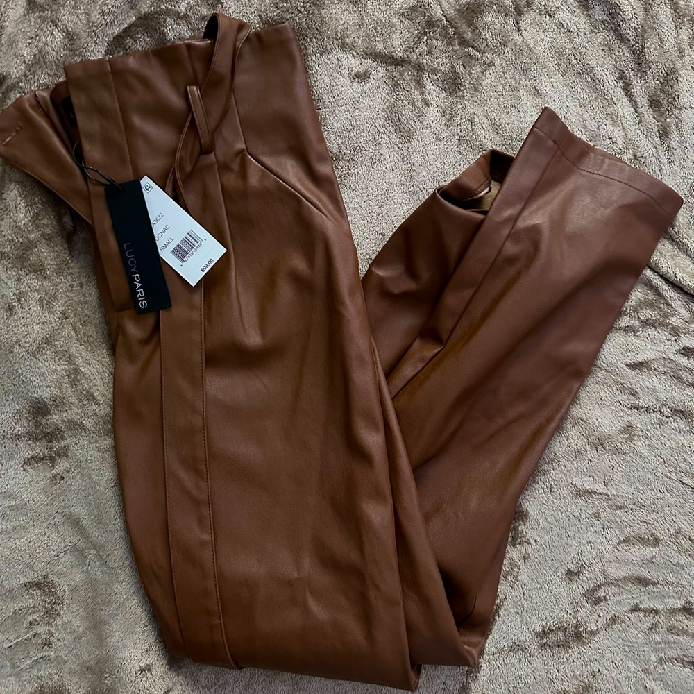 NWT LUCY PARIS ANKLE PLEATHER PANTS COGNAC SMALL BLOOMINGDALES